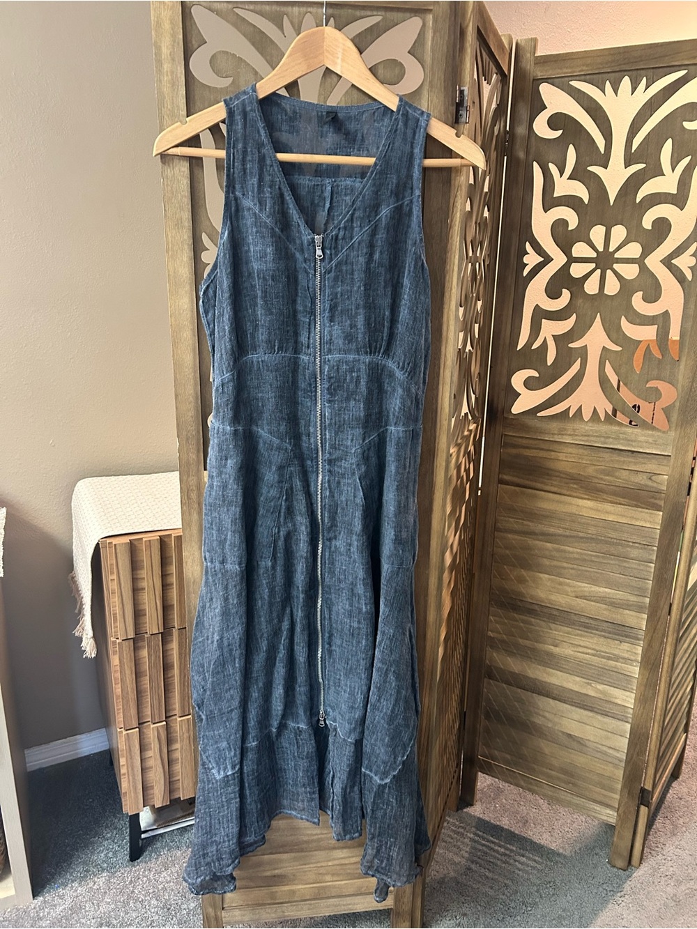 Inizio Zip Up Linen Stone Washed Midi Dress Size Small
